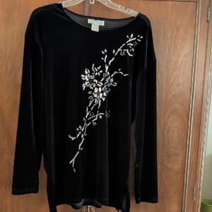 Impressions Black Velvet Top with Silver Floral Design